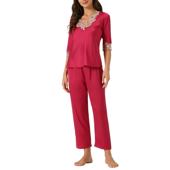 INSPIRE CHIC Women's Satin Pajama Set Half Sleeve Lace Top with Long Pants 2 Piece Sleepwear Sets XL Red