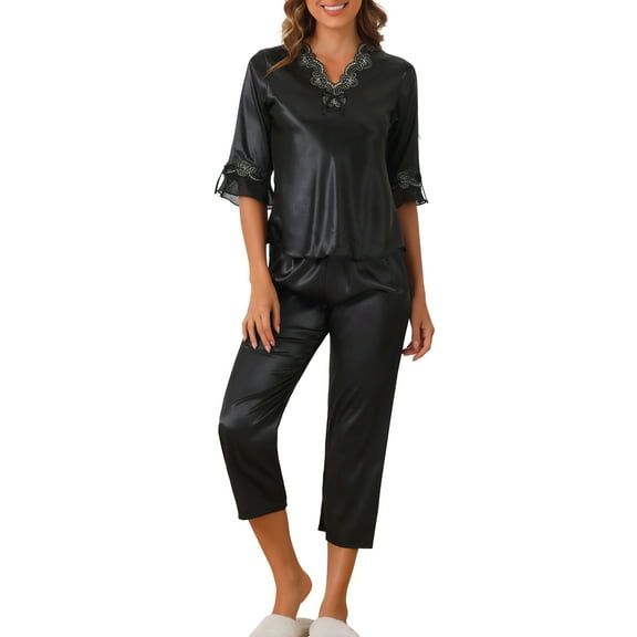 INSPIRE CHIC Women's Satin Pajama Set Silky Half Sleeve Shirt with Long Pajama Pant Set Soft PJ Loungewear XS Black