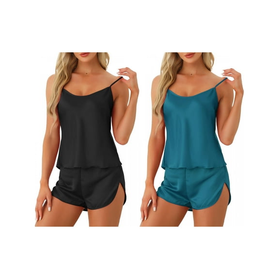 NOMADIC NOOK Women's Satin Pajamas Sets Sexy Cami Short PJ Sets Silky Loungewear 2 Pack Large Black/Lake Blue