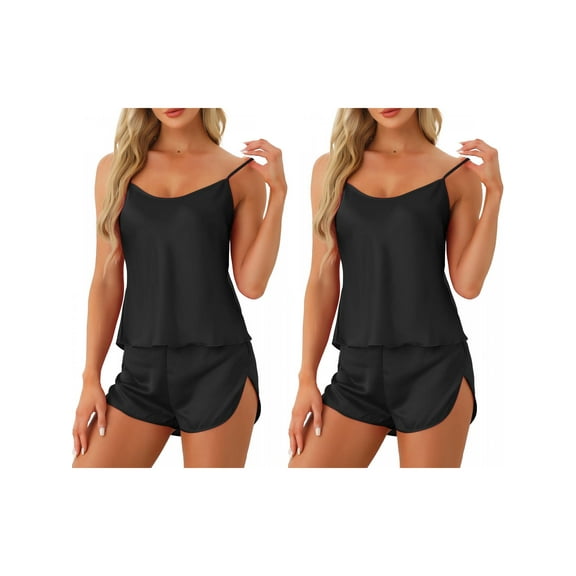 NOMADIC NOOK Women's Satin Pajamas Sets Sexy Cami Short PJ Sets Silky Loungewear 2 Pack Medium 2 Pack Black