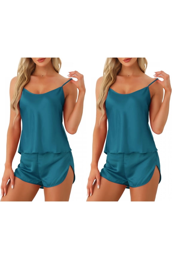 Women's Satin Pajamas Sets Sexy Cami Short PJ Sets Silky Loungewear 2 Pack Small 2 Pack Lake Blue
