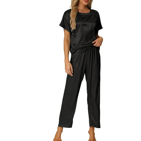 INSPIRE CHIC Women's Satin Pajamas Set Summer Outfits Short Sleeves Tops with Pants Silky Lounge Sets L Black
