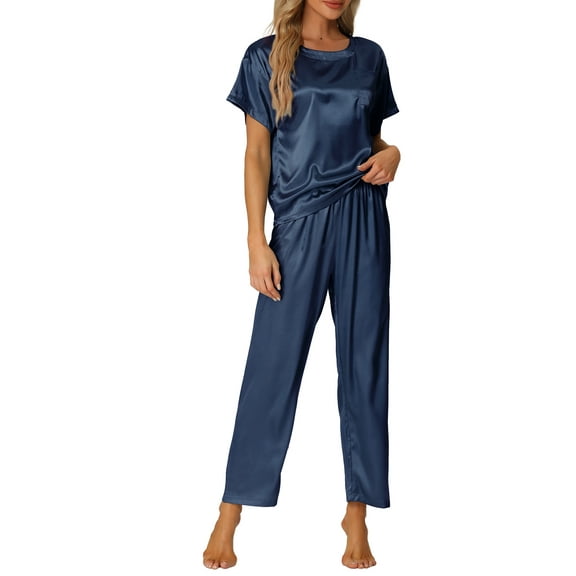 INSPIRE CHIC Women's Satin Pajamas Set Summer Outfits Short Sleeves Tops with Pants Silky Lounge Sets L Blue