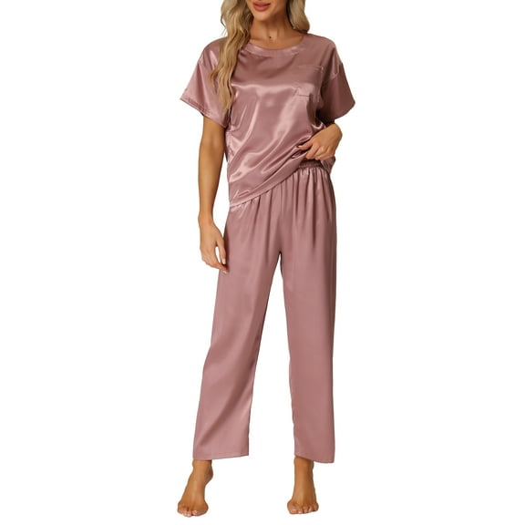 INSPIRE CHIC Women's Satin Pajamas Set Summer Outfits Short Sleeves Tops with Pants Silky Lounge Sets L Purple