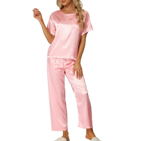 INSPIRE CHIC Women's Satin Pajamas Set Summer Outfits Short Sleeves Tops with Pants Silky Lounge Sets M Pink