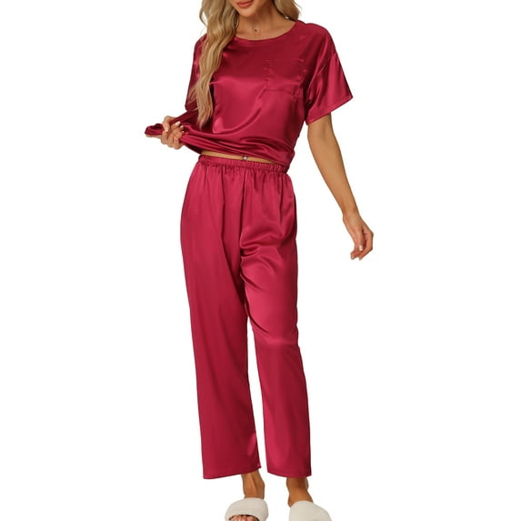 INSPIRE CHIC Women's Satin Pajamas Set Summer Outfits Short Sleeves Tops with Pants Silky Lounge Sets M Red