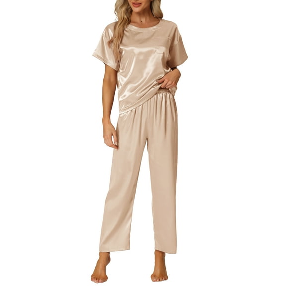 INSPIRE CHIC Women's Satin Pajamas Set Summer Outfits Short Sleeves Tops with Pants Silky Lounge Sets S Khaki
