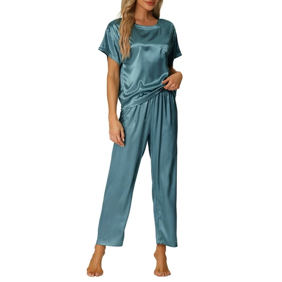 INSPIRE CHIC Women's Satin Pajamas Set Summer Outfits Short Sleeves Tops with Pants Silky Lounge Sets S Peacock Blue