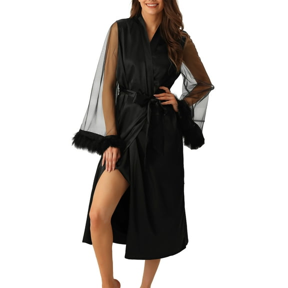 INSPIRE CHIC Women's Satin Robe Feather Trim Bridesmaid Bathrobe Mesh Long Sleeve Bridal Party Sleepwear S Black