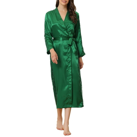 INSPIRE CHIC Women's Satin Robe Lace Long Sleeve Kimono Gown Bathrobe Bridesmaid Wedding Bride Robe XL Green