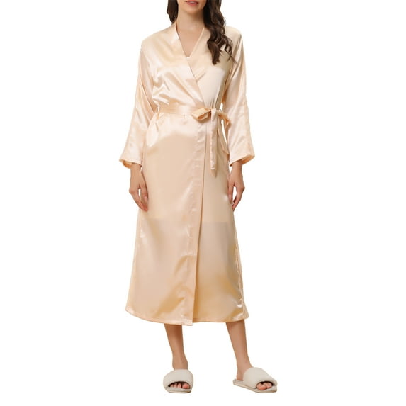 INSPIRE CHIC Women's Satin Robe Lace Long Sleeve Kimono Gown Bathrobe Bridesmaid Wedding Bride Robe XL Champagne