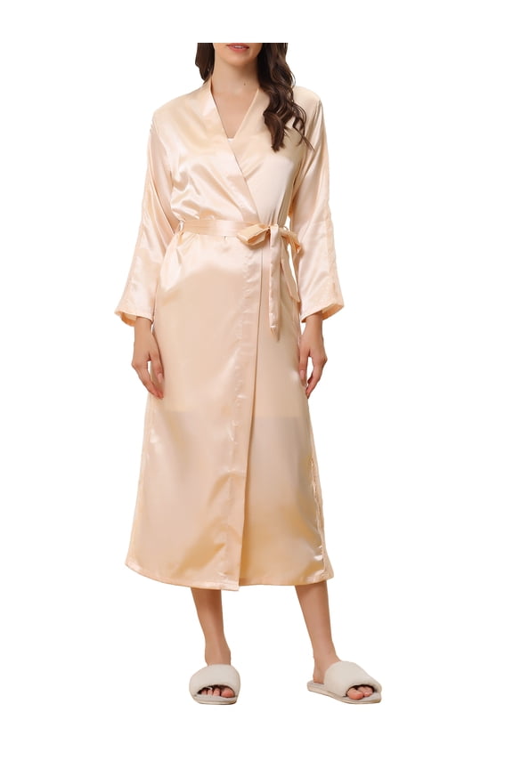 Women's Satin Robe Lace Long Sleeve Kimono Gown Bathrobe Bridesmaid Wedding Bride Robe M Champagne
