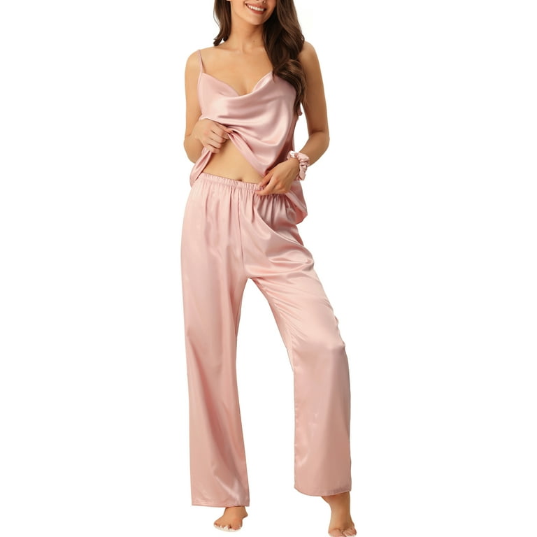 INSPIRE CHIC Women's Satin Pajama Set Cowl Neck Cami Top with Long
