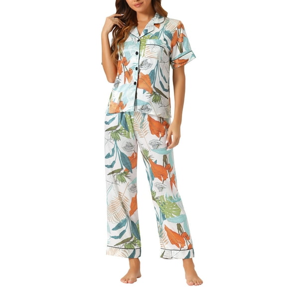 INSPIRE CHIC Womens Satin SleepwearButton Down Short Sleeve with Loose Pants Silky Lounge Pajama Sets XS Green