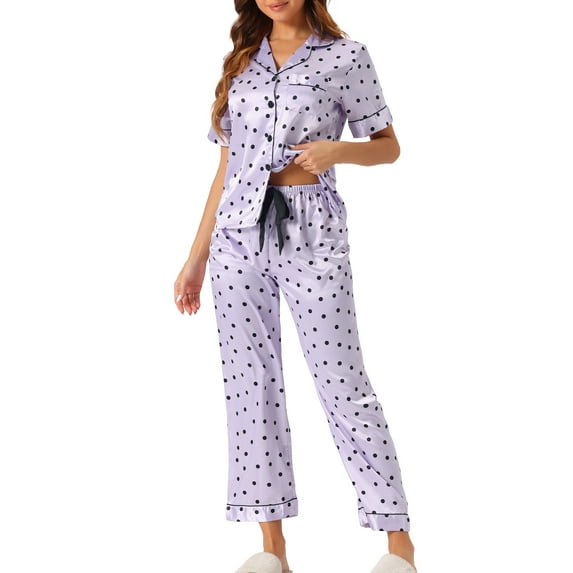 INSPIRE CHIC Women's Satin SleepwearButton Down Short Sleeve with Loose Pants Silky Lounge Pajama Sets XS Purple