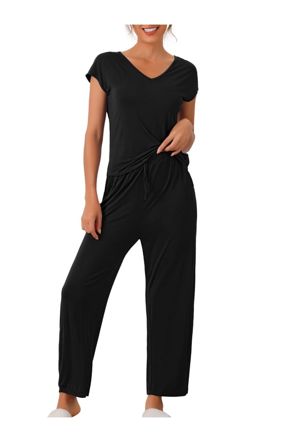 Women's Short Sleeve Modal Casual Set Pajama 2 Piece Loungewear Long Pants Sweatsuit XS Black