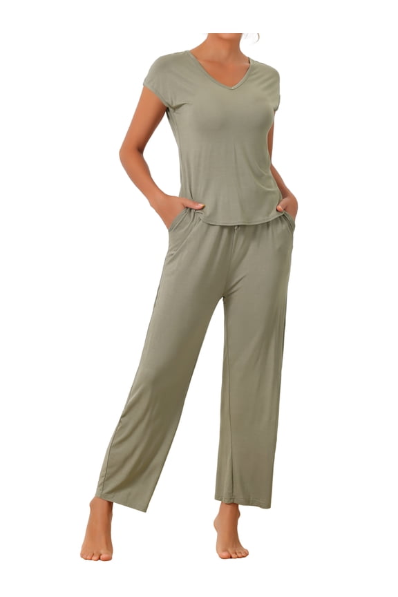 Women's Short Sleeve Modal Casual Set Pajama 2 Piece Loungewear Long Pants Sweatsuit XS Grey Green