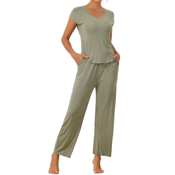 INSPIRE CHIC Women's Short Sleeve Modal Casual Set Pajama 2 Piece Loungewear Long Pants Sweatsuit XS Grey Green