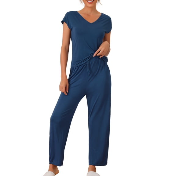 INSPIRE CHIC Women's Short Sleeve Modal Casual Set Pajama 2 Piece Loungewear Long Pants Sweatsuit XS Deep Blue
