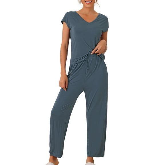 INSPIRE CHIC Women's Short Sleeve Modal Casual Set Pajama 2 Piece Loungewear Long Pants Sweatsuit M Deep Blue