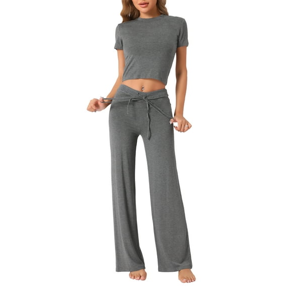 INSPIRE CHIC Women's 2 Piece Lounge Outfits Crew Neck Short Sleeve T-shirt with Drawstring Pants Set Yoga Sweatsuit L Deep Grey