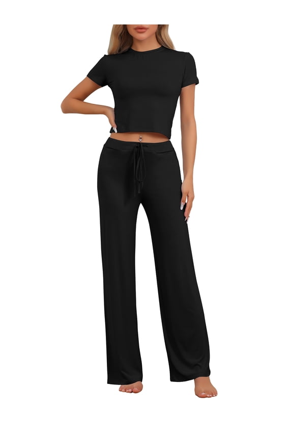 Women's 2 Piece Lounge Outfits Crew Neck Short Sleeve T-shirt with Drawstring Pants Set Yoga Sweatsuit M Black