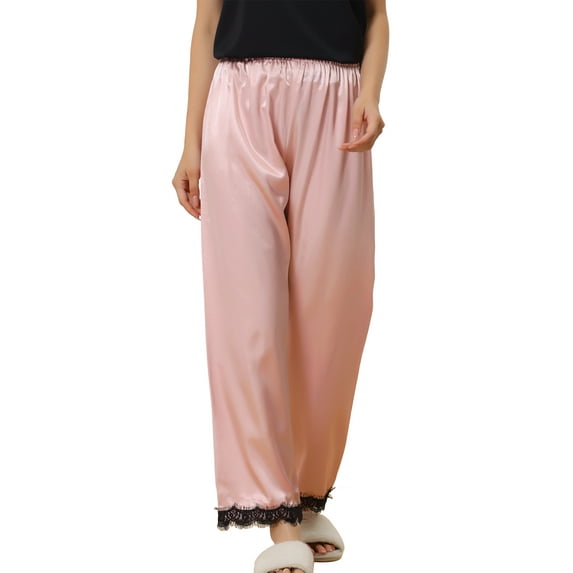 INSPIRE CHIC Women's Sleep Pants Satin Wide-leg Lace Trim Loungewear Pajama Elastic Long Pants M Pink