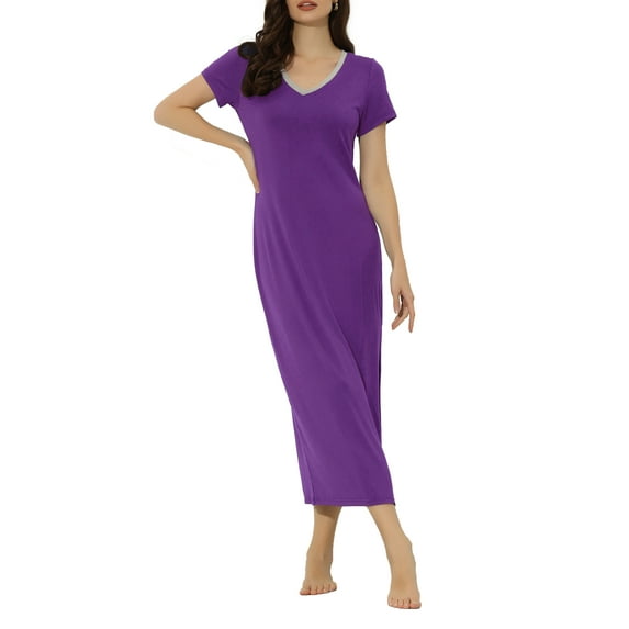 INSPIRE CHIC Women's Sleepwear Long Pajama Dress V Neck Side Slit Nightshirt Lounge Nightgown S Purple