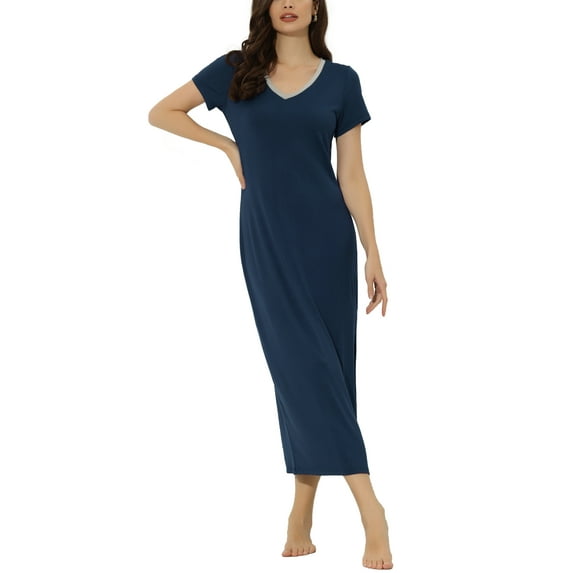 INSPIRE CHIC Women's Sleepwear Long Pajama Dress V Neck Side Slit Nightshirt Lounge Nightgown XL Blue