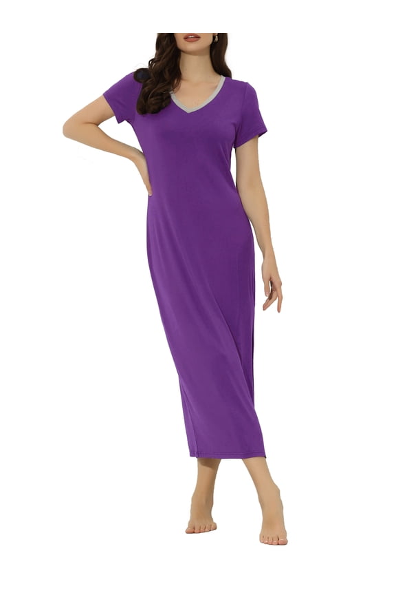 Women's Sleepwear Long Pajama Dress V Neck Side Slit Nightshirt Lounge Nightgown XS Purple