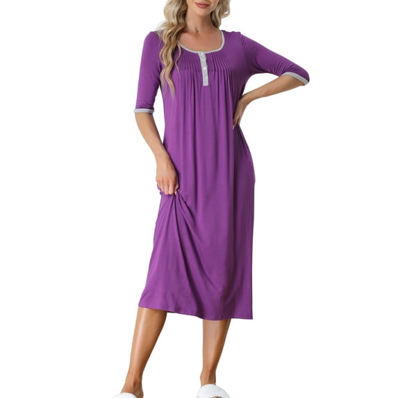 INSPIRE CHIC Women's Nightgown Lounge Long Dress Soft Nightshirt Sleepwear Pajamas with Pockets S Purple