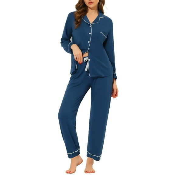 INSPIRE CHIC Women's Sleepwear Pajamas Modal Button Down Long Sleeves Tops with Pants Loungewear Set S Blue