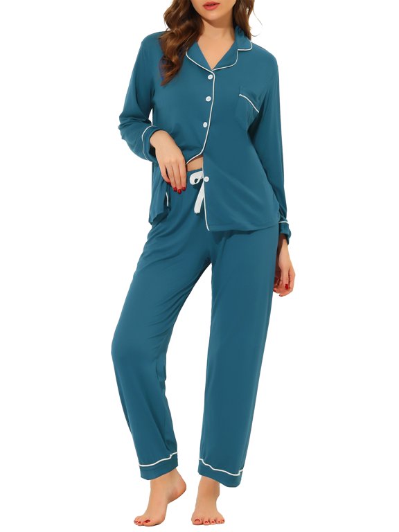 Women's Soft Modal-Feel Pajama Set Long Sleeve Button Down Notched Lapel Sleepwear with Elastic Waist Pants for Spring Fall XS Peacock Blue