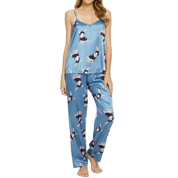 INSPIRE CHIC Womens Sleeveless Cami Shirt Cartoon Lounge Set Nightwear Sleepwear Pajama Sets Blue XX-Large