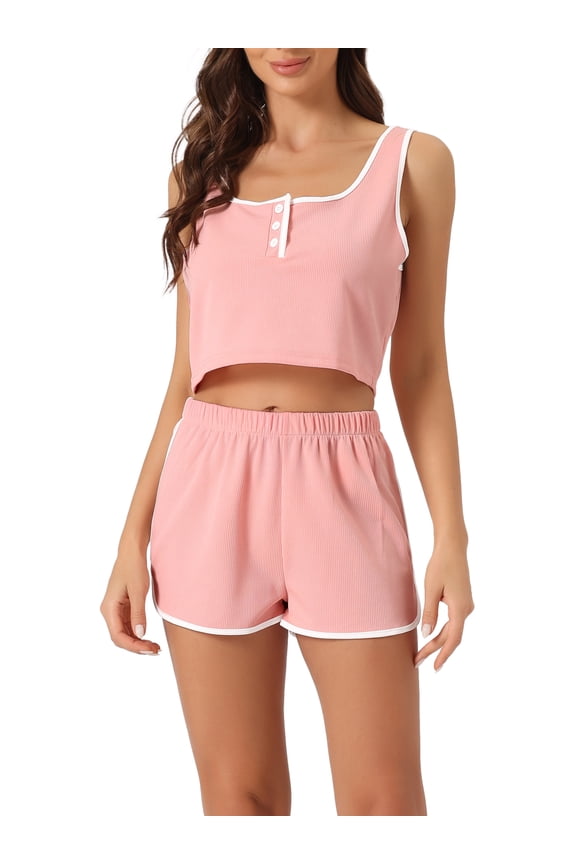 Women's Ribbed Pajama Sets Sleeveless Crop Tank Top and Shorts 2 Piece Lounge Outfits Sets M Pink