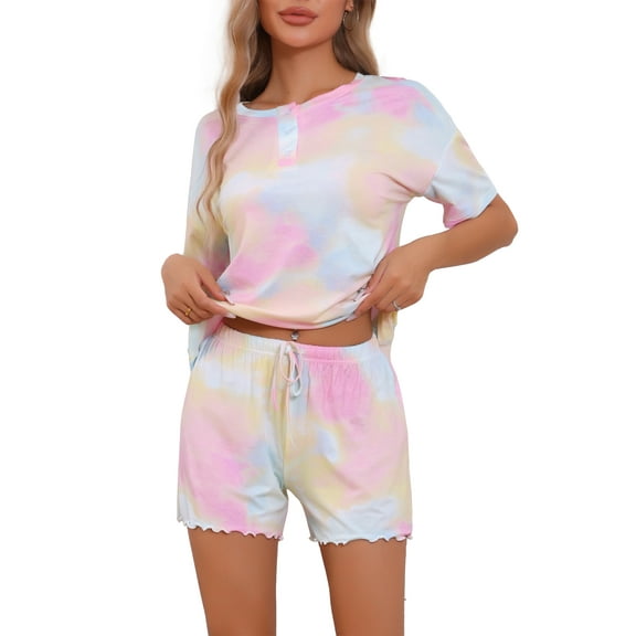 INSPIRE CHIC Women's Tie Dye Pajama Set Round Neck Short Sleeve Shirt with Shorts 2 Piece Loungewear Sweatsuit Tracksuit XS Pink