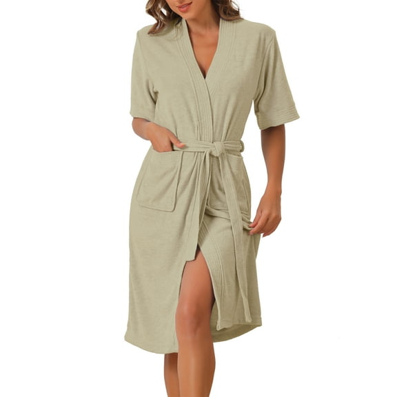 INSPIRE CHIC Women's Towel Robe with Pocket Short Sleeve Toweling Self Tie Loose Bathrobe for After Shower M Light Yellow