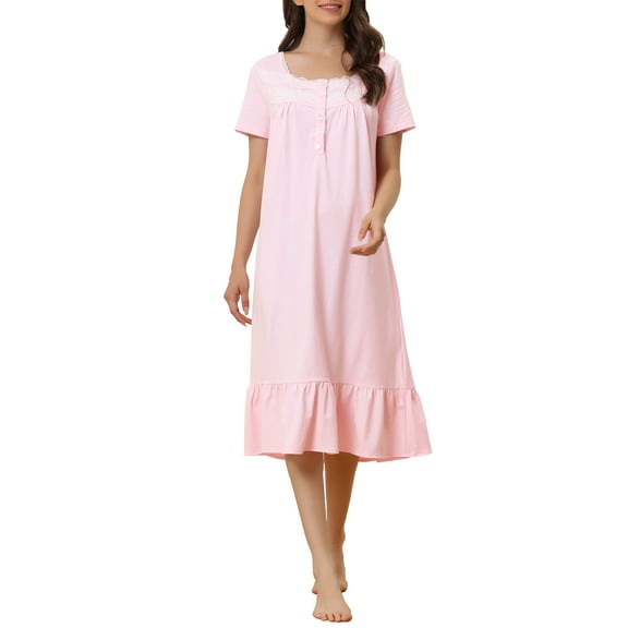 INSPIRE CHIC Women's Victorian Nightgown Princess Lace Ruffle Short Sleeve Cotton Sleepwear Loungewear M Pink