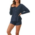 thumbnail image 1 of INSPIRE CHIC Women's Waffle Pajama Sets Knit Lounge Set Button Up Long Sleeve Top and Shorts Matching Loungewear XS Blue, 1 of 5