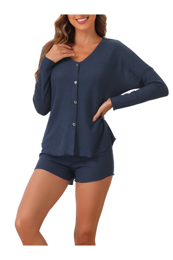 Women's Waffle Pajama Sets Knit Lounge Set Button Up Long Sleeve Top and Shorts Matching Loungewear M Blue