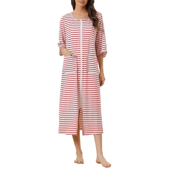 INSPIRE CHIC Women's Zip Front Striped Robe 3/4 Sleeve Long Bathrobe House Dress Pajama M Pink