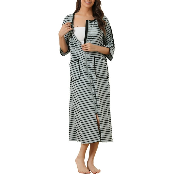 INSPIRE CHIC Women's Easter Zip Front Striped Robe 3/4 Sleeve Long Bathrobe House Dress Pajama XL Grey