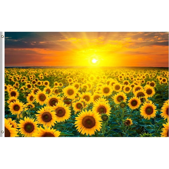 chencehns Sunflower Flower Fields Farm Sunset Spring Summer Nature Landscape Flag 3 x 5 Feet Single Sided with Brass Grommets, 3x5 Ft Banner for Garden Yard House Decor