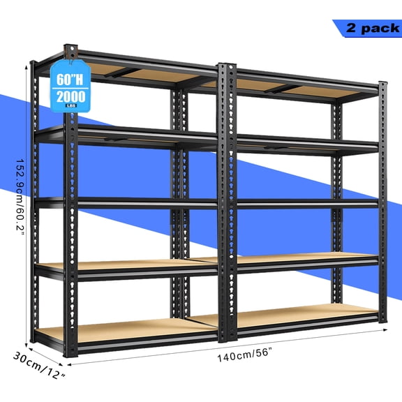 chenchao 2pcs Heavy-Duty Metal Shelving Unit 60 Inch Hige (60" & 72" Sections) 2000 Lbs Total Capacity (250 Lbs/Shelf) 5-Tier Adjustable Freestanding Garage Storage Rack with Black