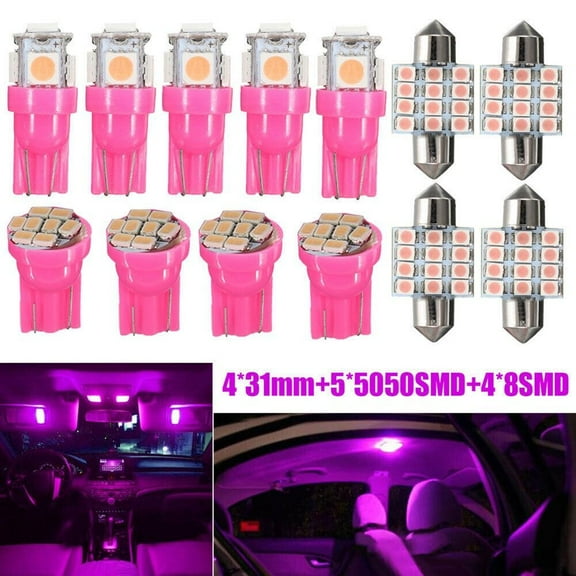 chengsi 13pcs Pink Car Interior LED Lights 12V Dome License Plate Lamp W5W 12V 2825 192 194 158 168 501 175 Car Lights Accessories