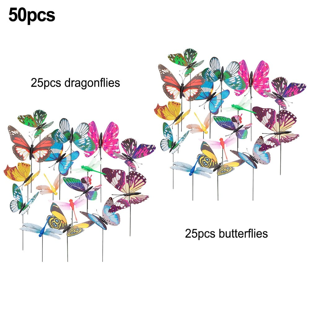 chengsi 50× Garden Butterflies Stakes and Dragonflies Colourful Stakes