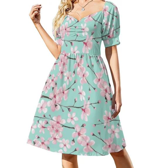 cherry blossom on mint pink cherry blossom watercolor Sleeveless Dress Female clothing