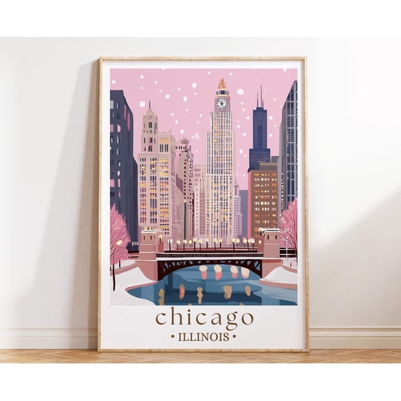 chicago Skyline Winter Travel Poster Snowy Cityscape Print Urban Wall Art Downtown Decor Travel Gift