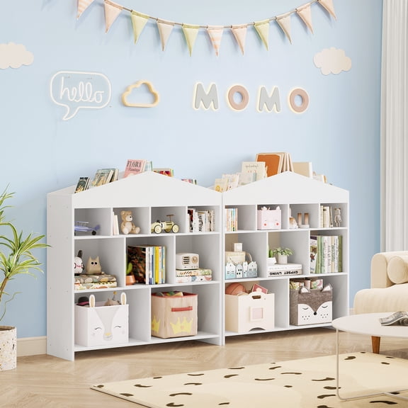 child-centered House-Shaped Kids Bookshelf & Toy Organizer - Wooden 4-Tier Bookcase with 15 Cubes/9 Cubbies, Open Display, Anti-Tip Safety Kit