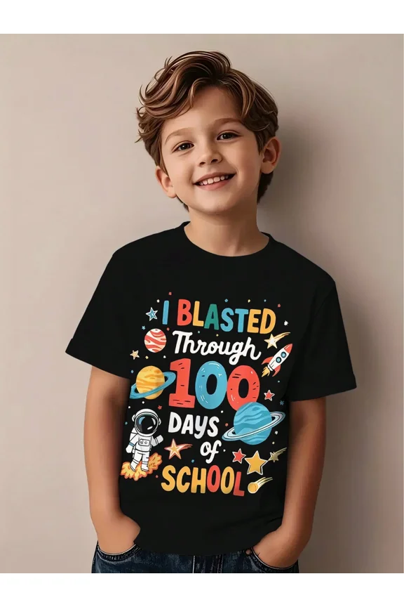 children's wear 100 Days of School Astronaut Space T-Shirt for Boys, Kids Outer Space Rocket Graphic Tee